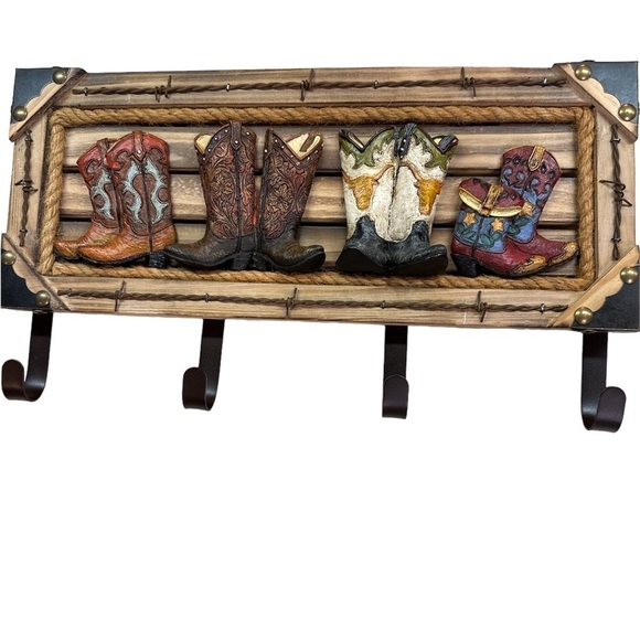 Western Rustic Cowboy Boots Hanger Wooden Entranceway Coat/Key Rack - Picture 7 of 11